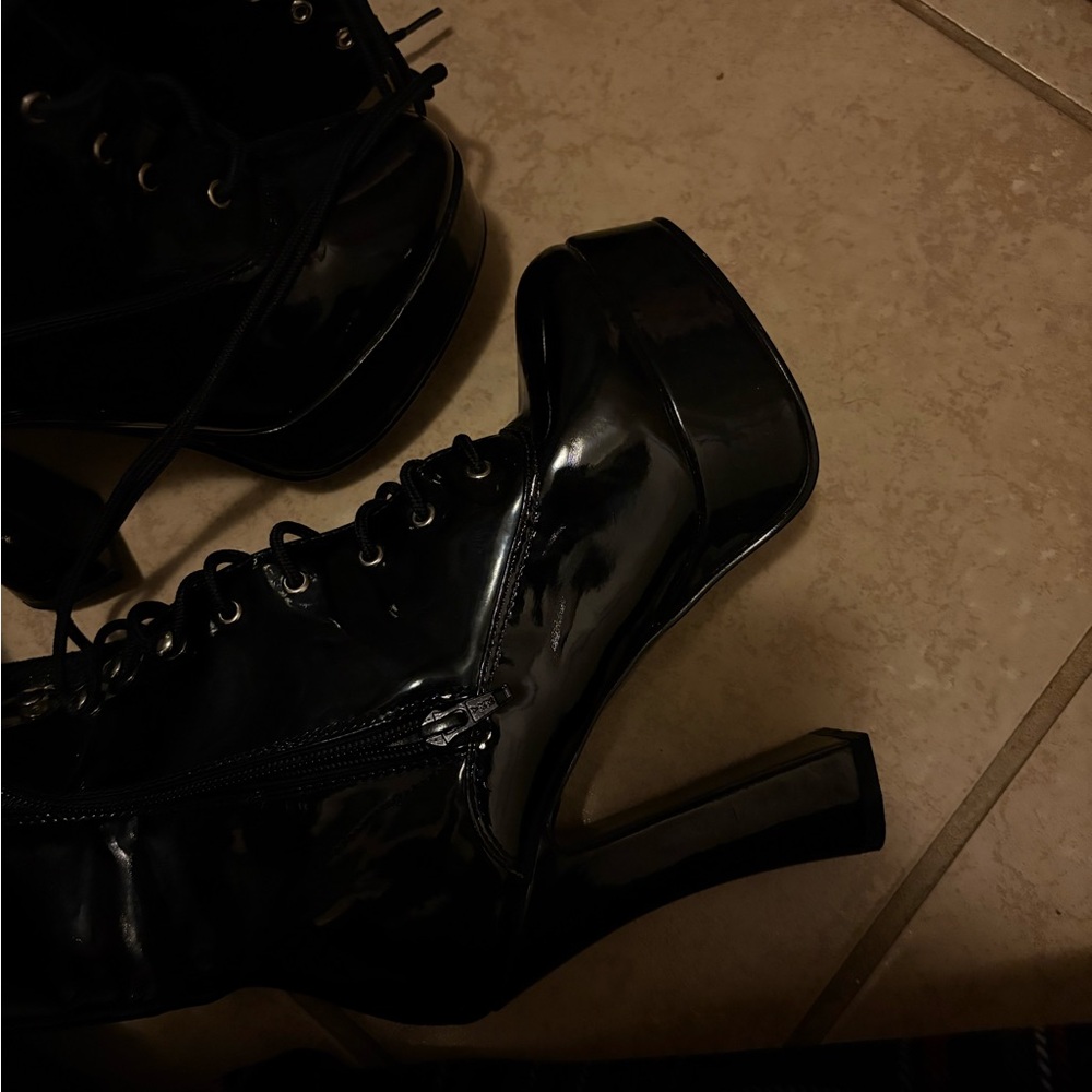 Black Patent Platform Lace-Up High Heel Boots
